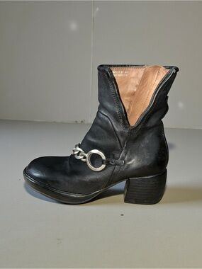 A.S.98 Moto Ankle Boot Thick Silver Chain Derail Black Women Size 6